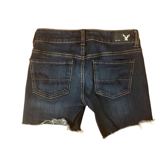 American Eagle Super Stretch Midi Dark Wash Denim Cutoff Shorts Size 00 - Picture 2 of 5